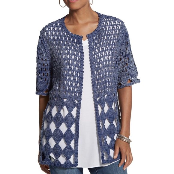Chico's Soutache Cardigan Women's 2 US L Sadie Blue Open Weave Half Sleeve - Picture 2 of 8